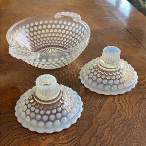 Vintage Anchor Hocking Moonstone Hobnail bowl and candlesticks
